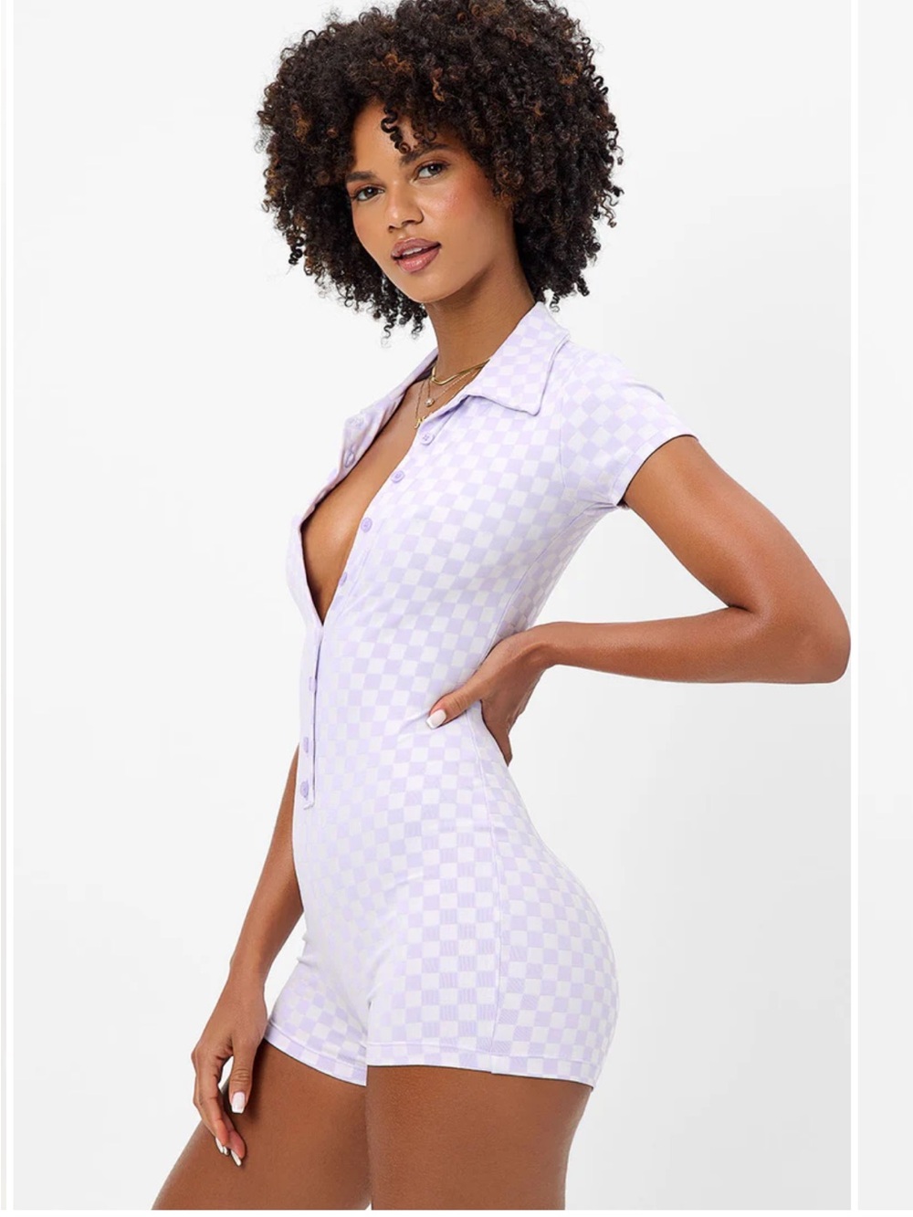 Frankie’s Bikinis Lilac Check Short Sleeve Romper